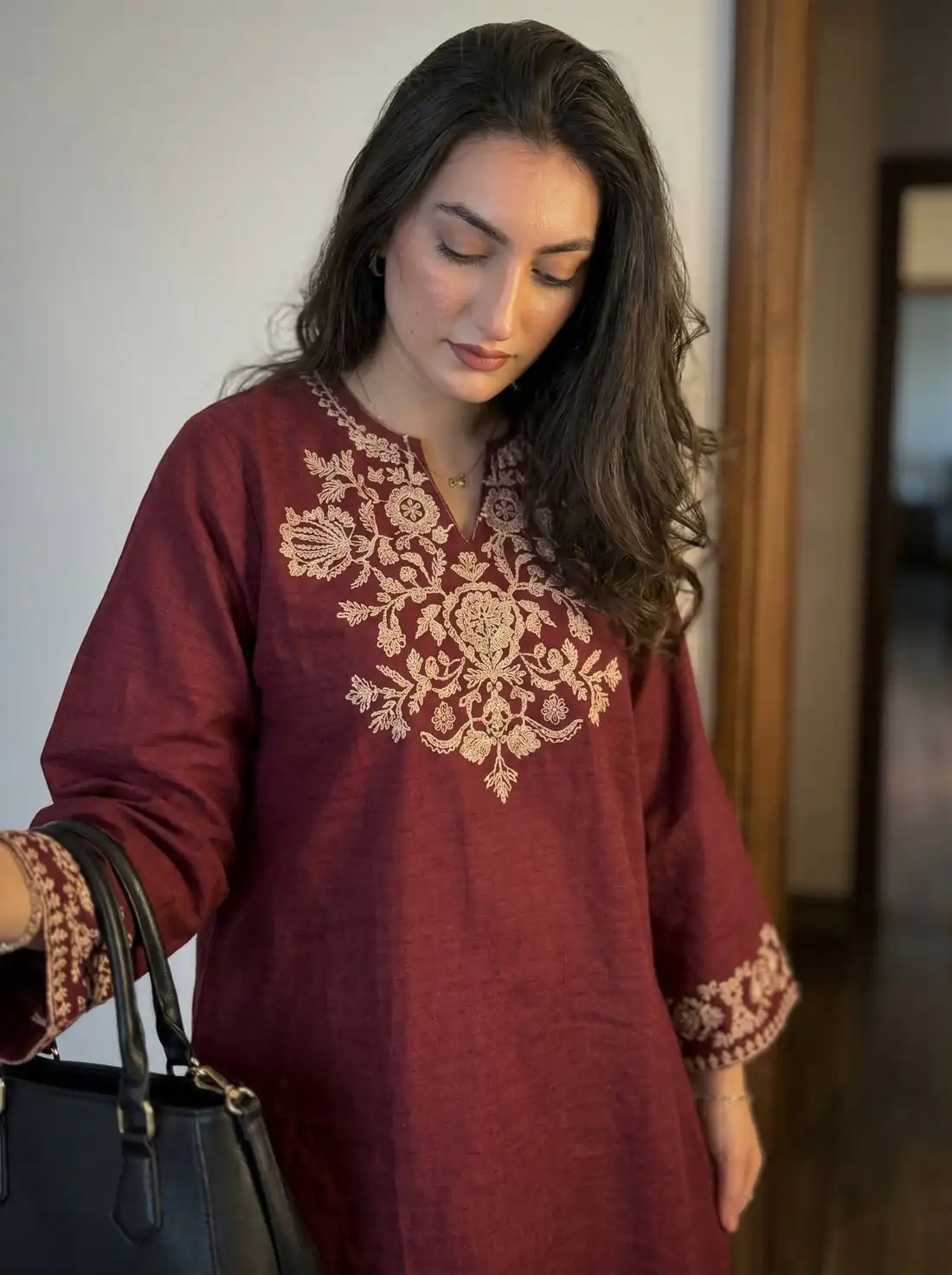 Stylist Maroon Rayon Cotton Embroidery Work Kurti - Image 2