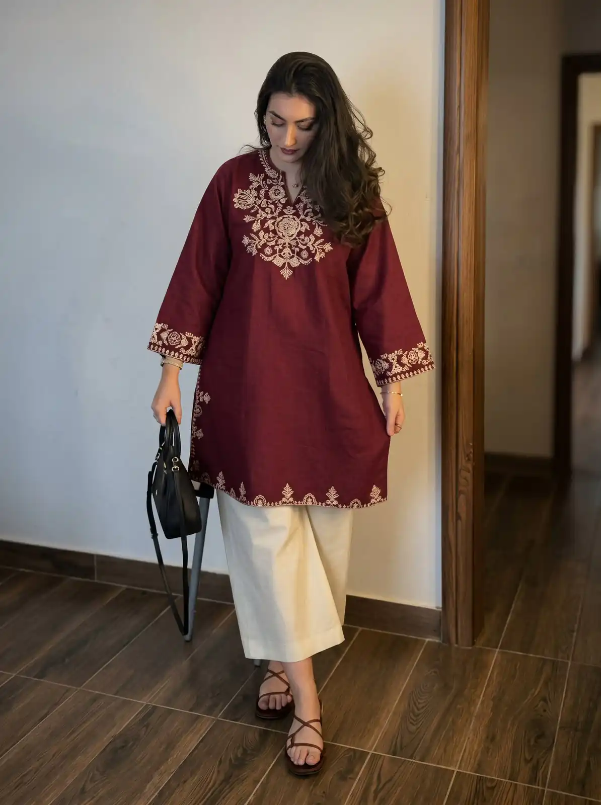 Stylist Maroon Rayon Cotton Embroidery Work Kurti