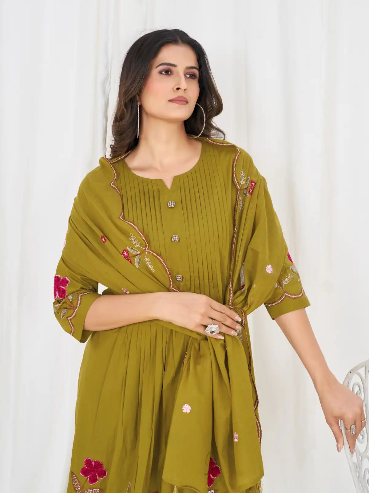 Stylist Mustered Pure Cotton Embroidery Cut Work Salwar Suit - Image 2