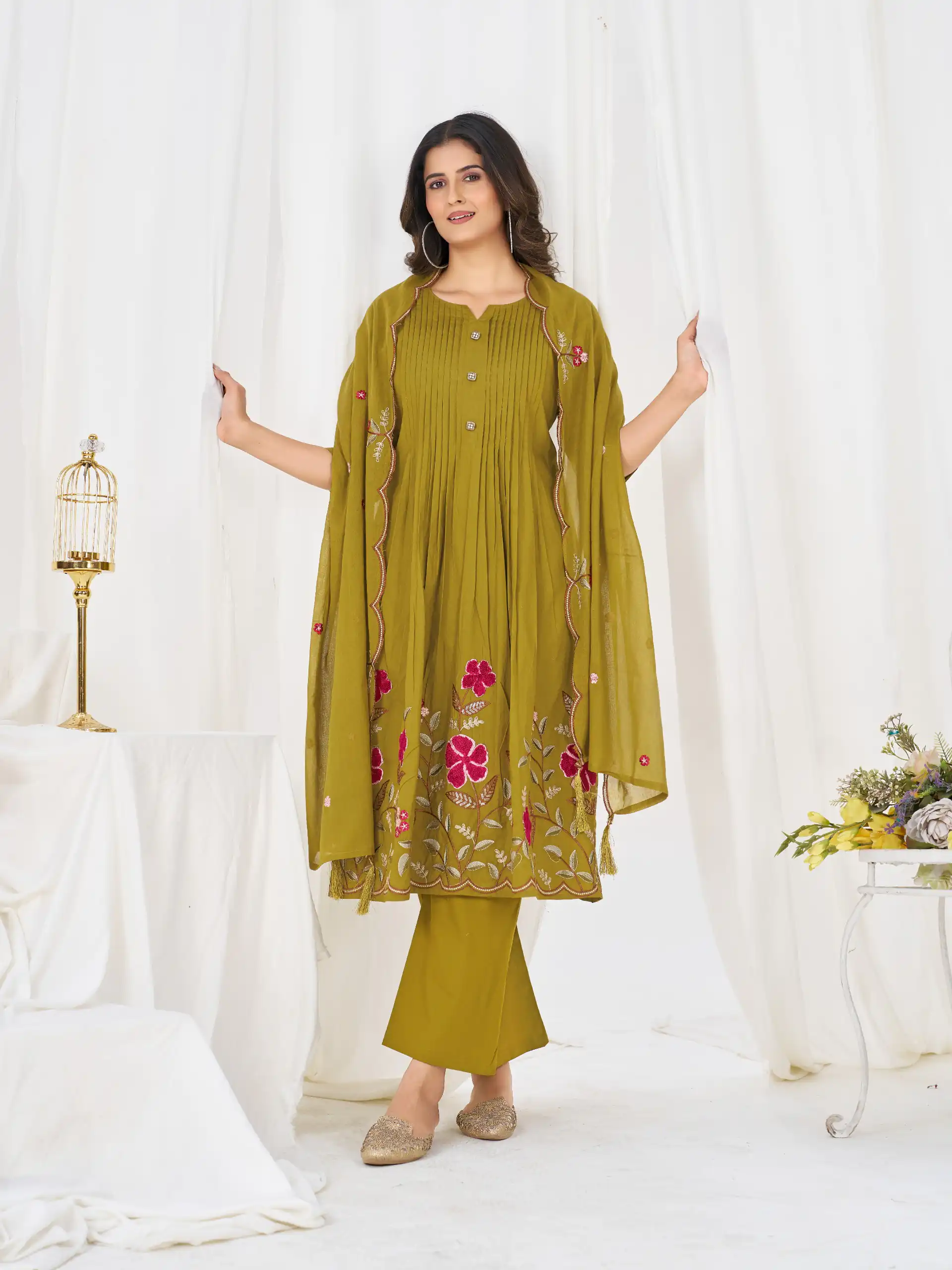Stylist Mustered Pure Cotton Embroidery Cut Work Salwar Suit