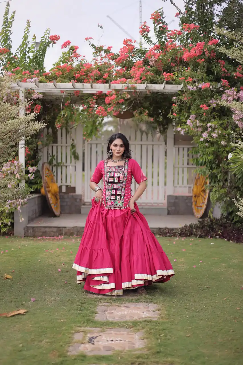 Stylist Pink Kora Cotton Kutchi Patch Work Lehenga Choli - Image 4