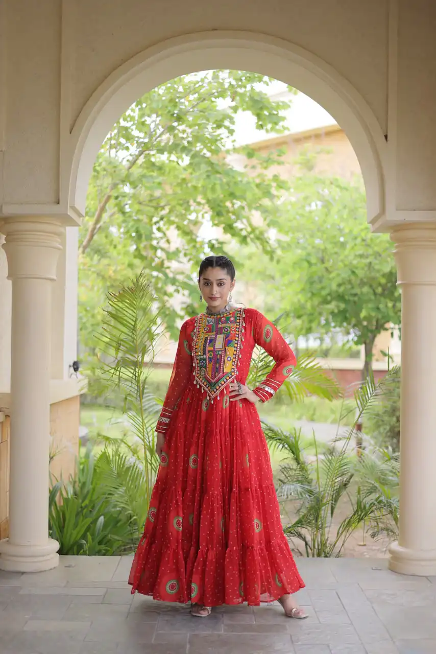 Stylist Red Faux Georgette Bandhani Print Work Gown - Image 4