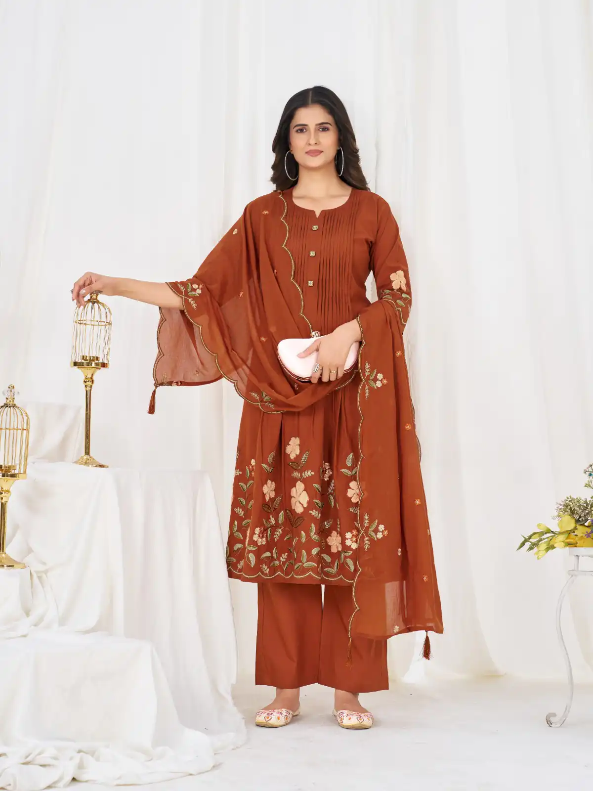 Stylist Rust Pure Cotton Embroidery Cut Work Salwar Suit - Image 3