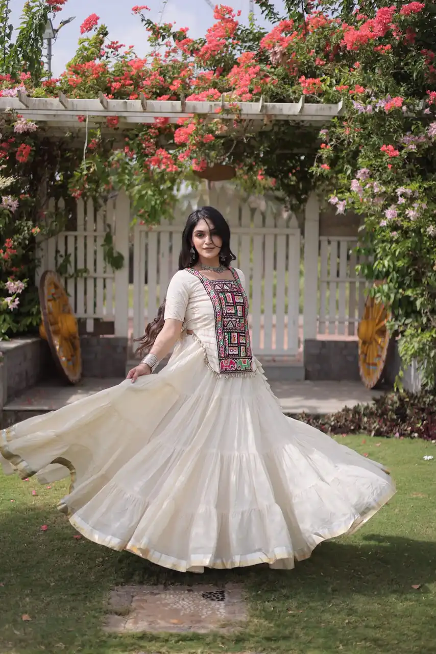 Stylist White Kora Cotton Kutchi Patch Work Lehenga Choli - Image 2