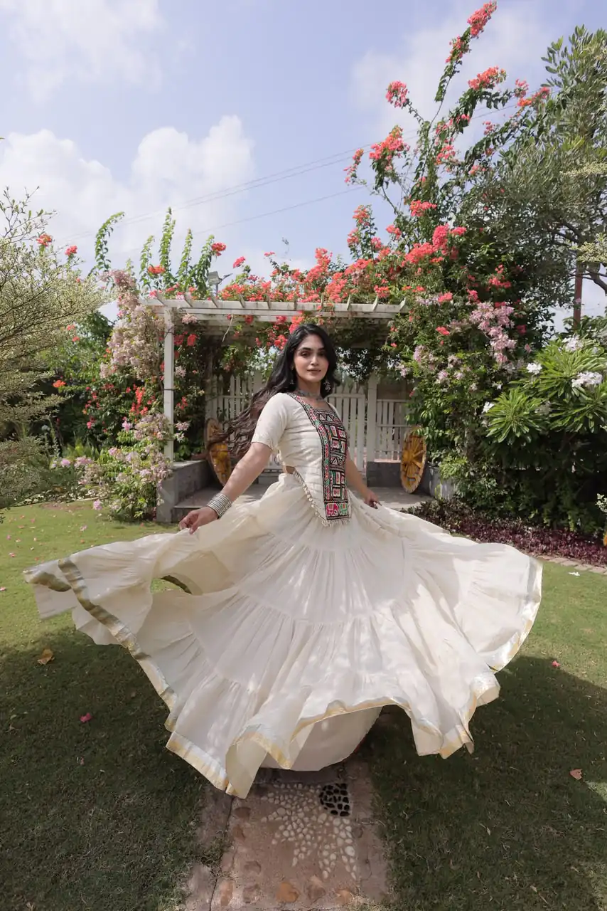 Stylist White Kora Cotton Kutchi Patch Work Lehenga Choli
