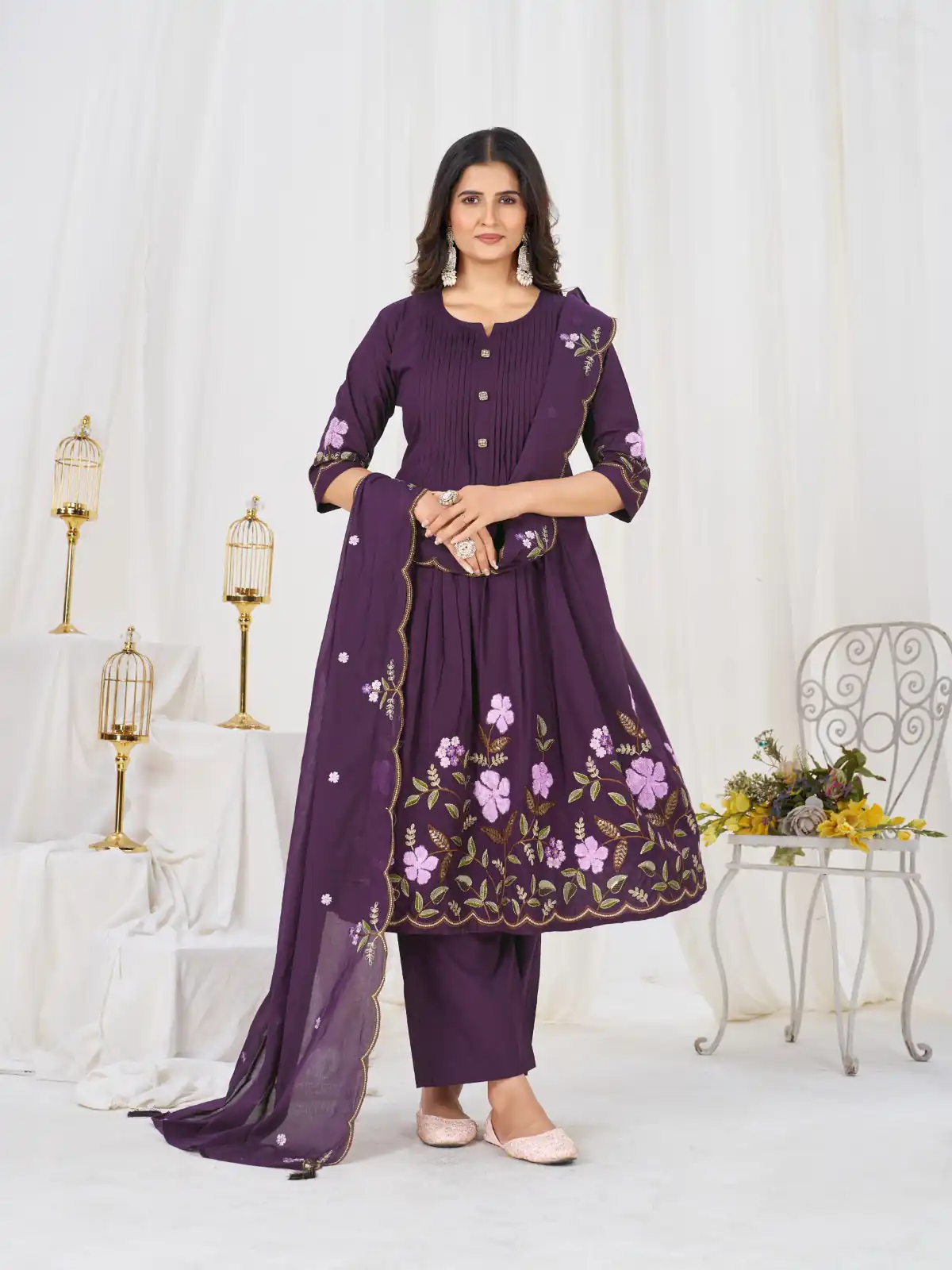 Stylist Wine Pure Cotton Embroidery Cut Work Salwar Suit - Image 4
