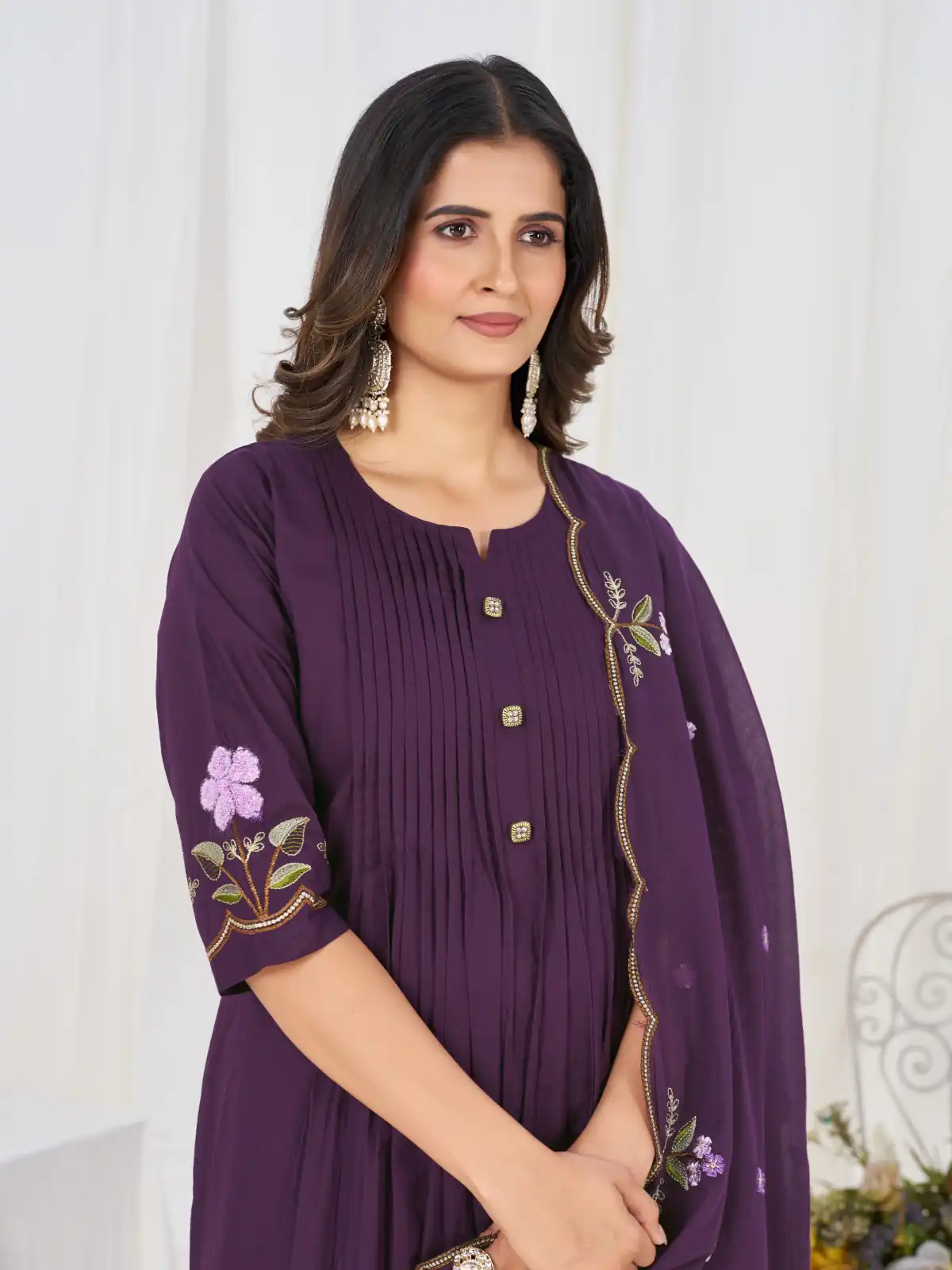 Stylist Wine Pure Cotton Embroidery Cut Work Salwar Suit - Image 2