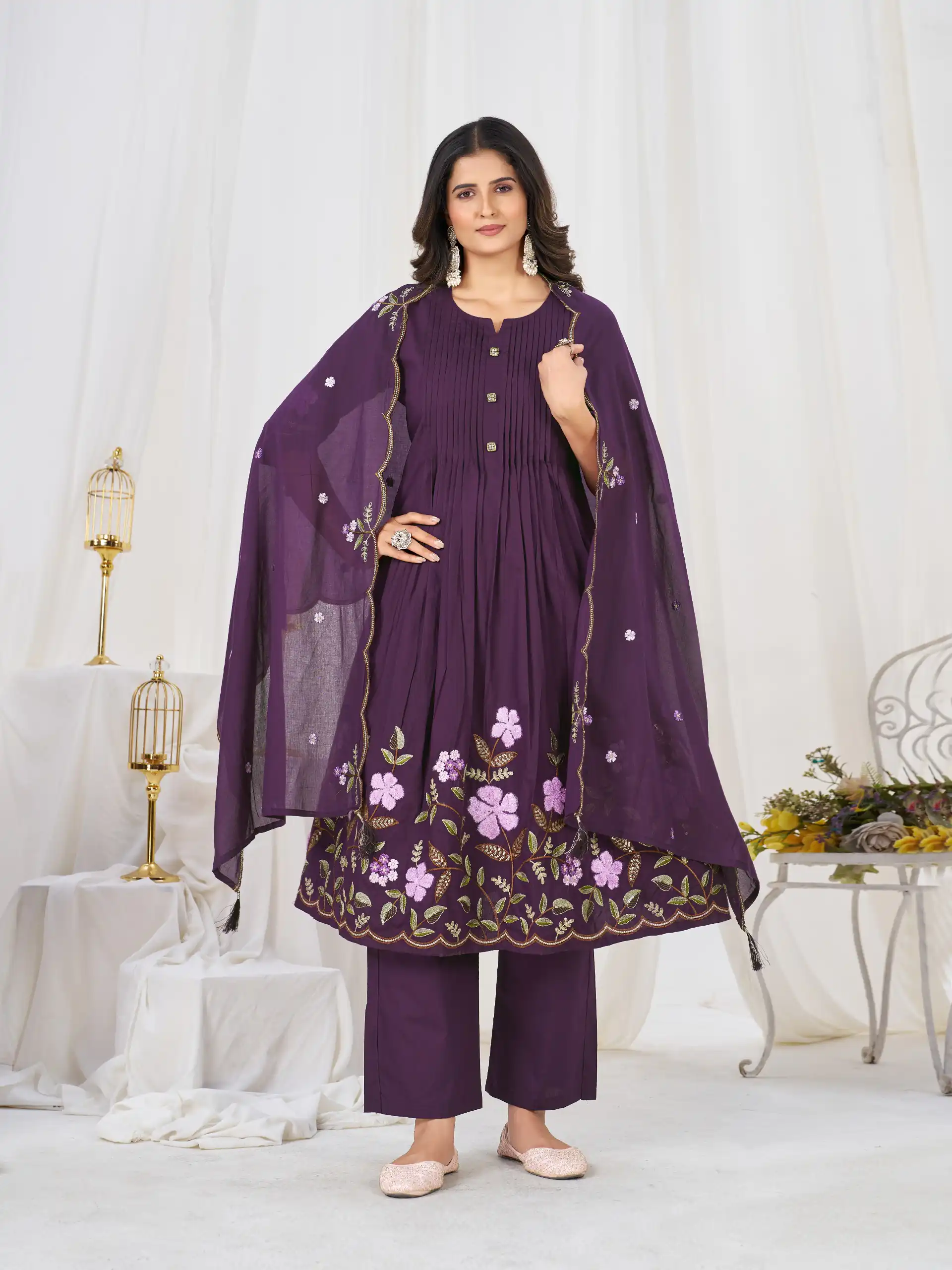 Stylist Wine Pure Cotton Embroidery Cut Work Salwar Suit
