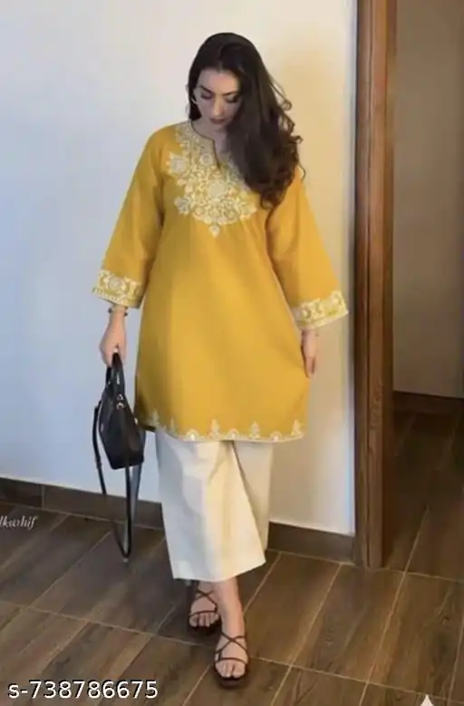 Stylist Yellow Rayon Cotton Embroidery Work Kurti - Image 3