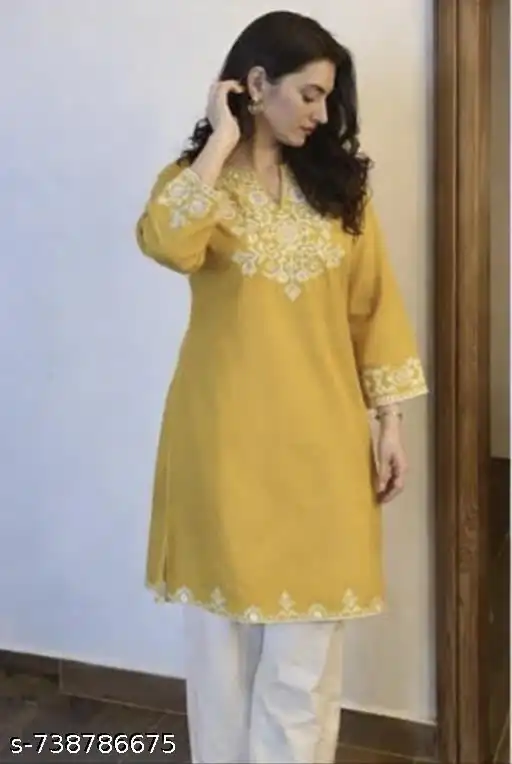 Stylist Yellow Rayon Cotton Embroidery Work Kurti - Image 2