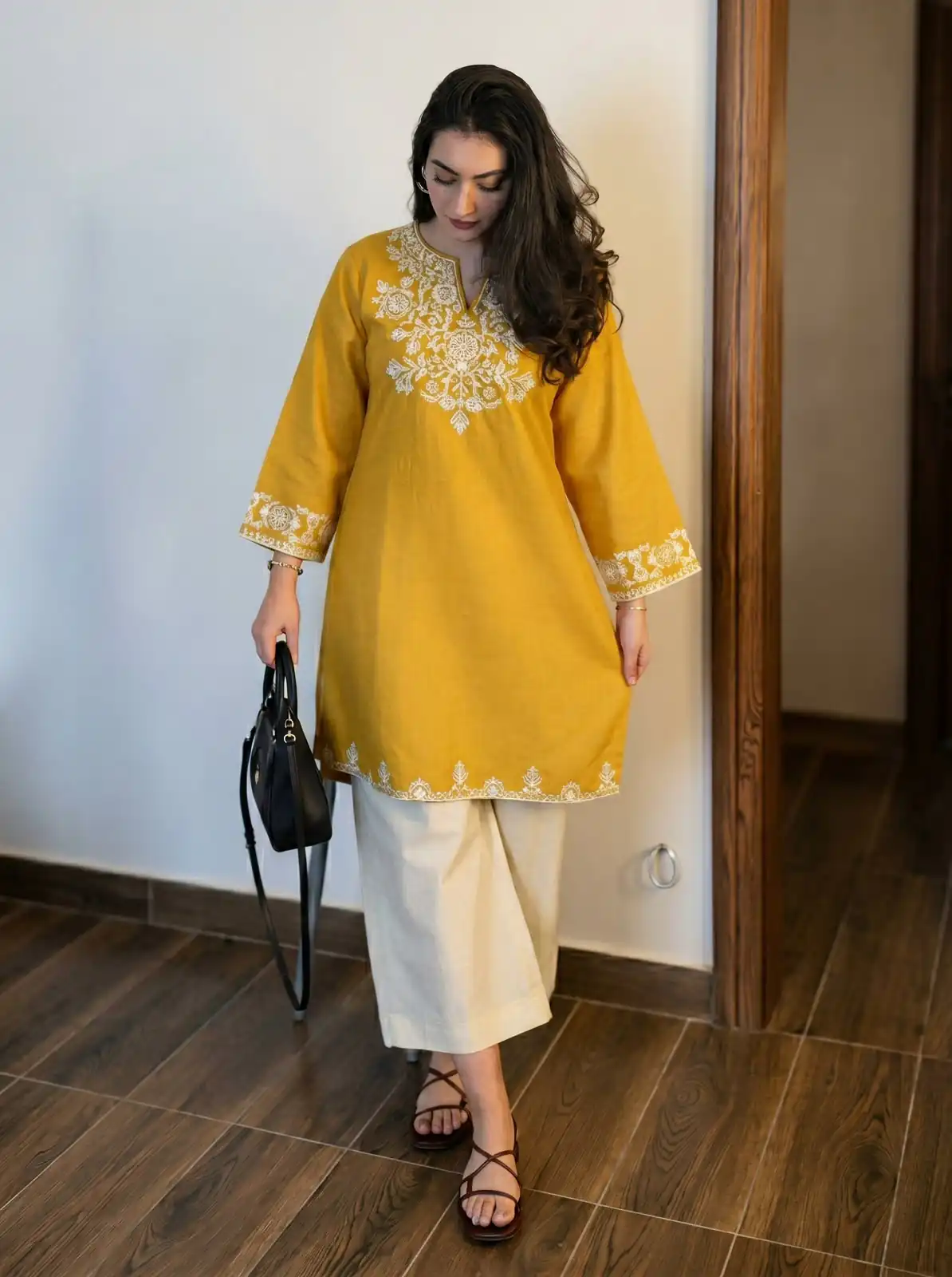 Stylist Yellow Rayon Cotton Embroidery Work Kurti