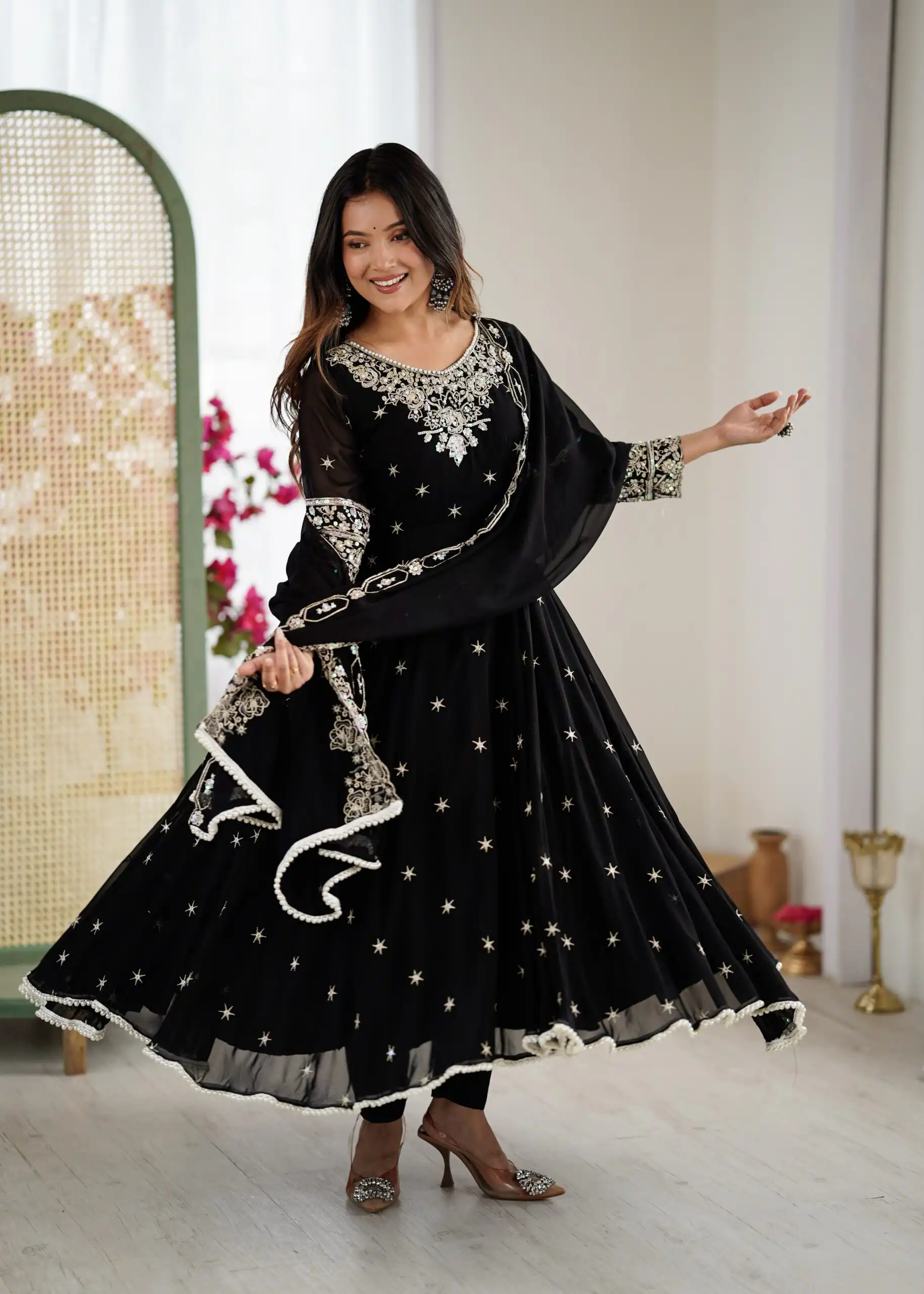 Super Black Blooming Faux Embroidery Work Gown - Image 2
