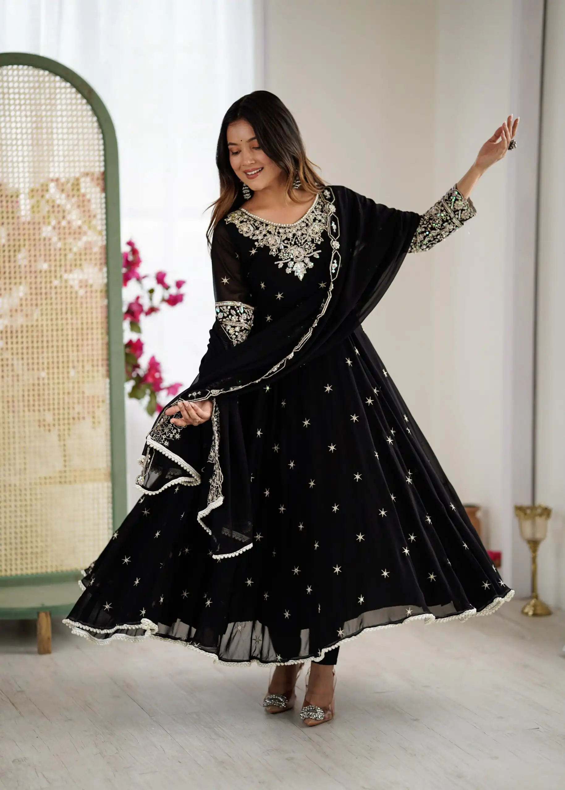 Super Black Blooming Faux Embroidery Work Gown