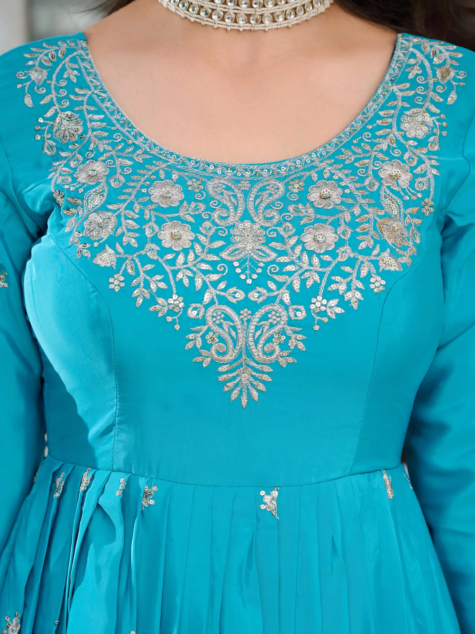 Super Blue American Silk Sequence Work Gown - Image 3