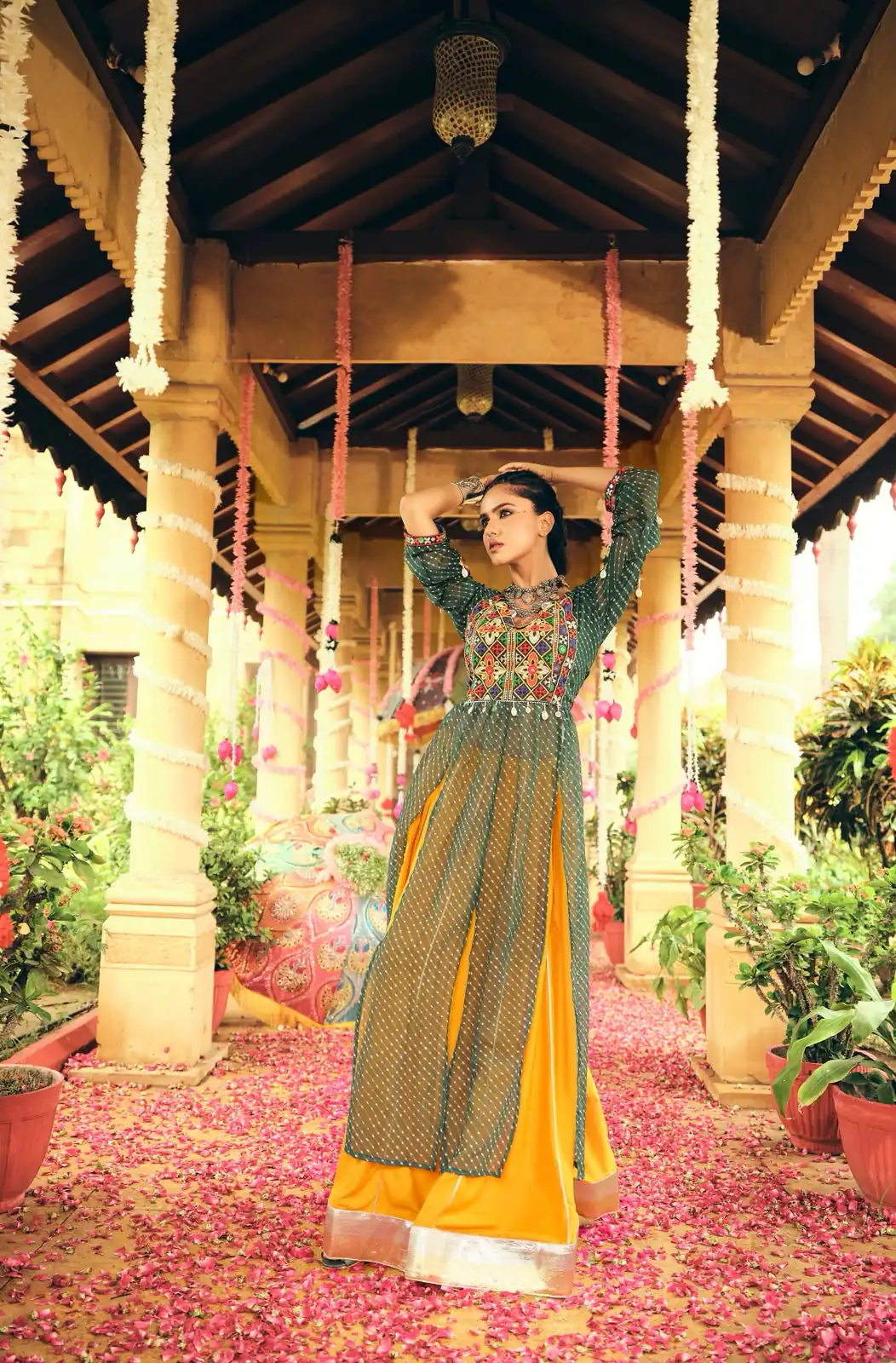 Super Green Plain Rayon Embroider Cowrie Work Lehenga Choli - Image 2
