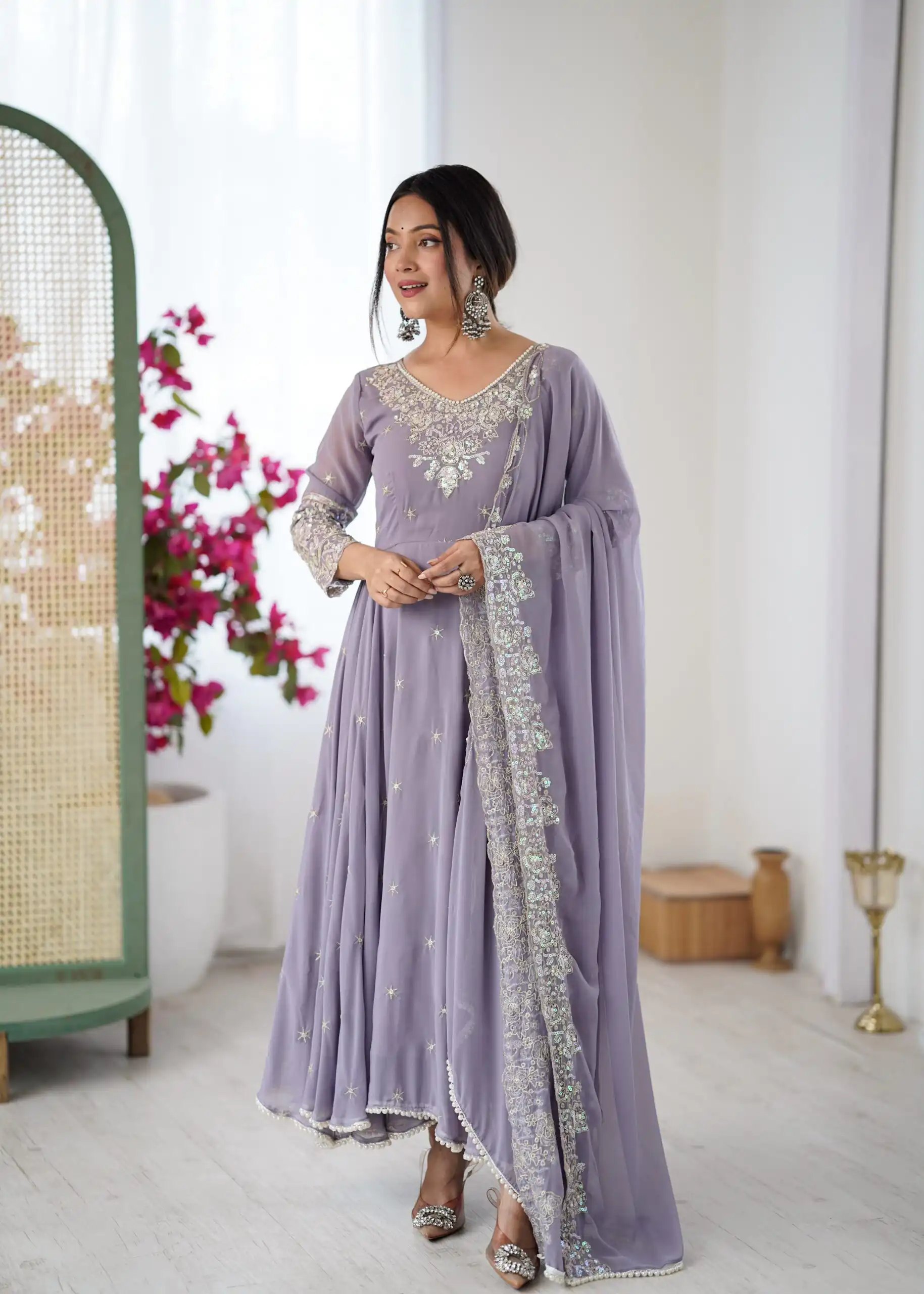 Super Lavender Blooming Faux Embroidery Work Gown - Image 2