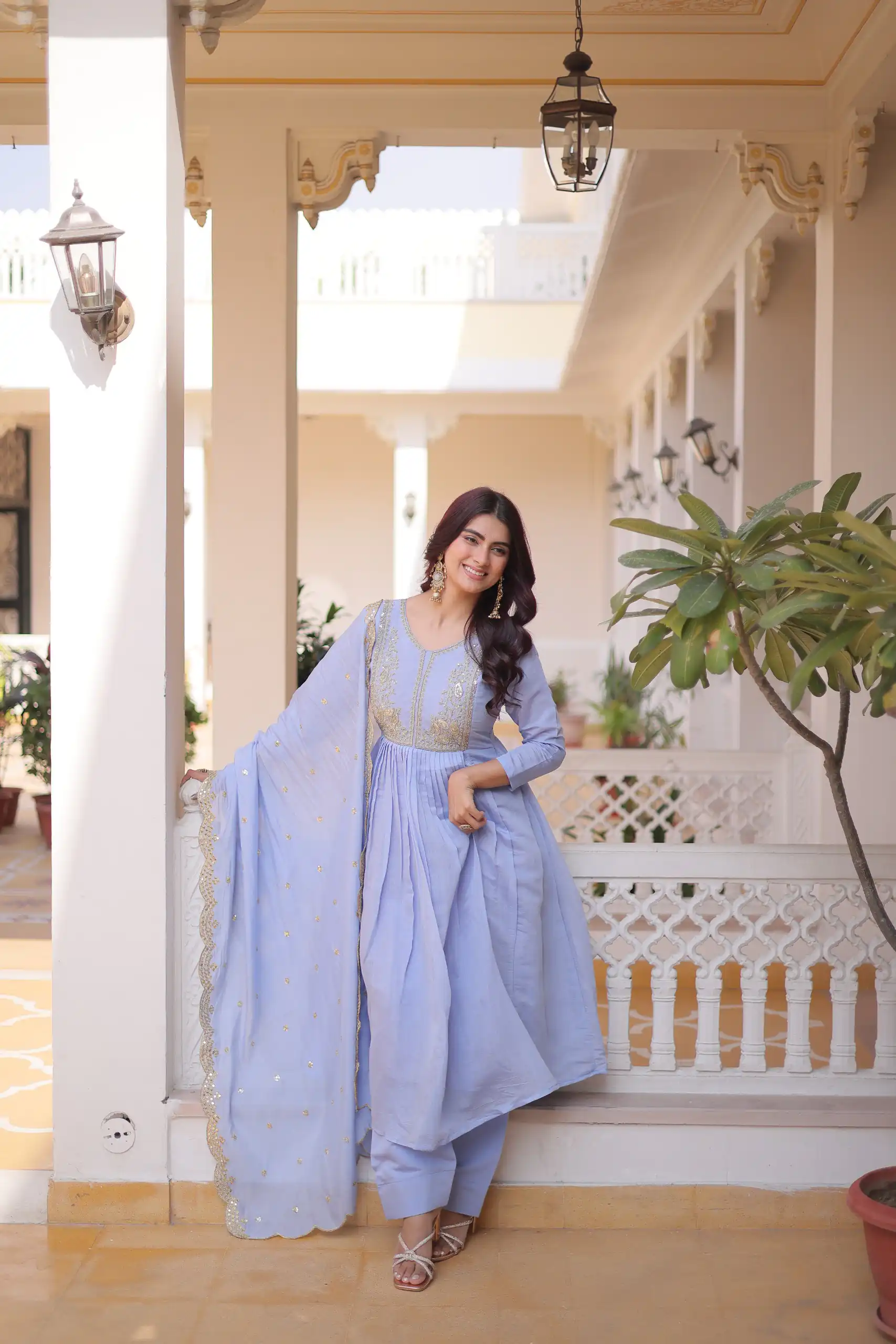 Super Lavender Roman Silk Bead Embroidery Work Gown - Image 3