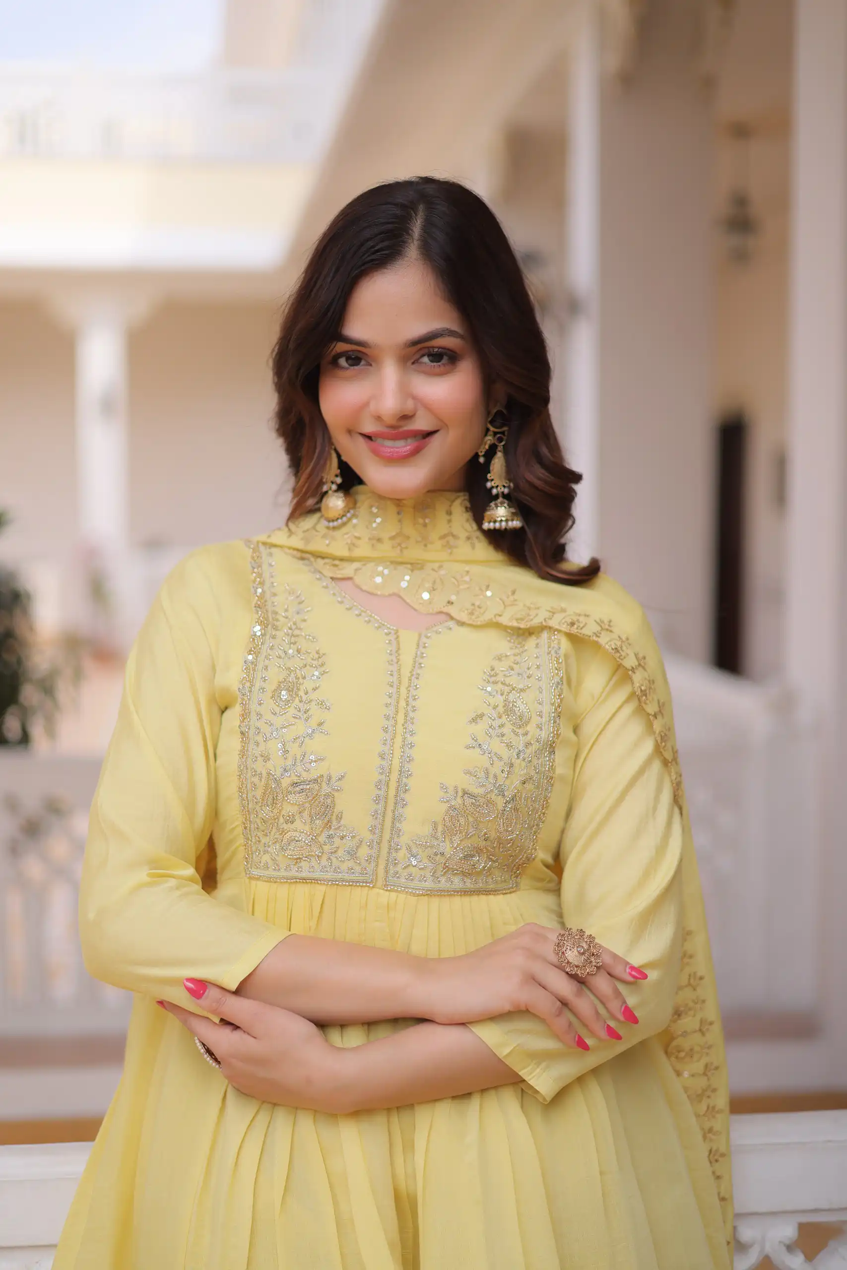 Super Lemon Yellow Roman Silk Bead Embroidery Work Gown - Image 4
