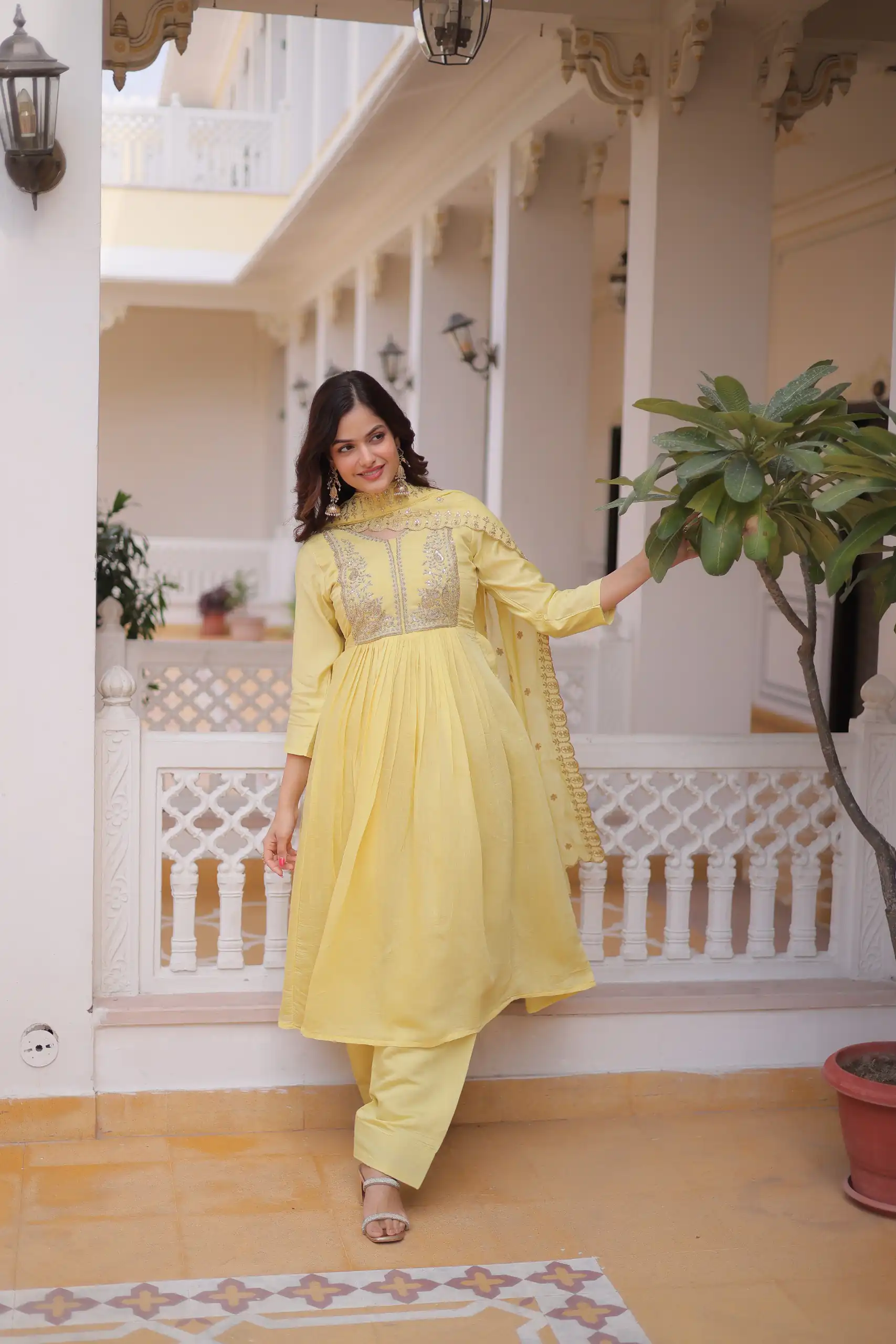 Super Lemon Yellow Roman Silk Bead Embroidery Work Gown - Image 3