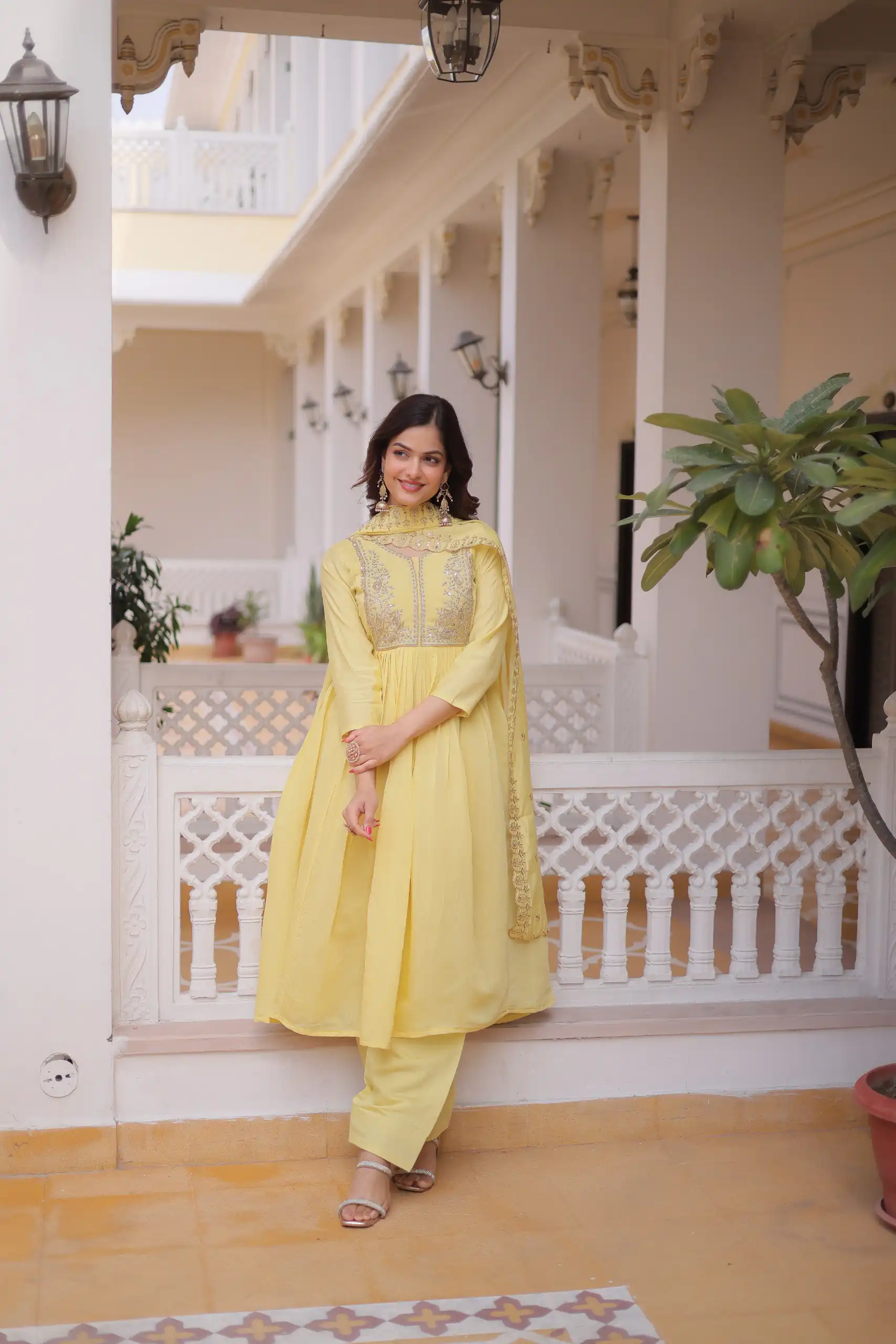 Super Lemon Yellow Roman Silk Bead Embroidery Work Gown