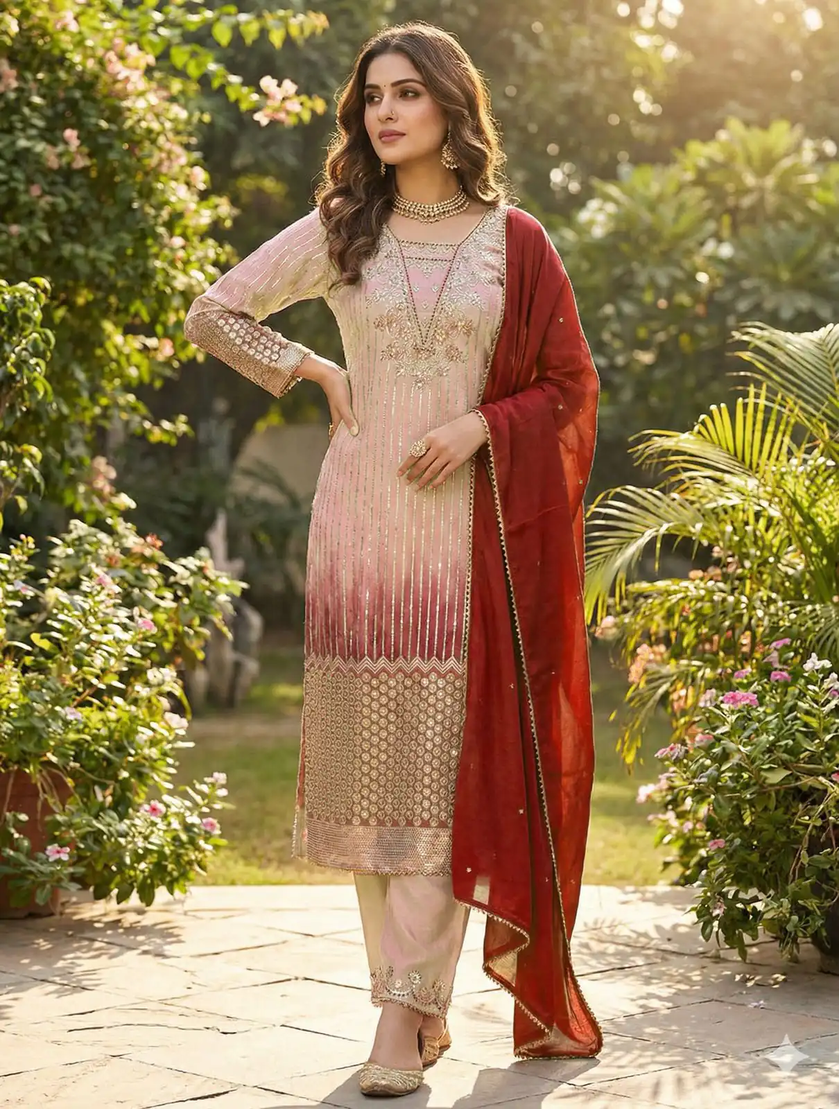 Super Peach Chinon Lace Embroidery Work Salwar Suit