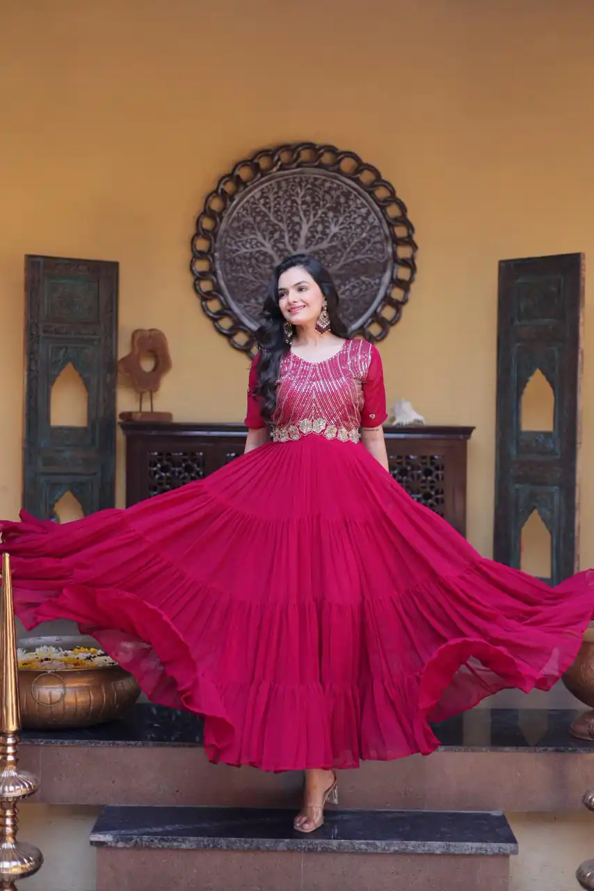 Super Pink Faux Blooming Embroider Zari Gown - Image 4