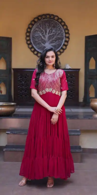 Super Pink Faux Blooming Embroider Zari Gown