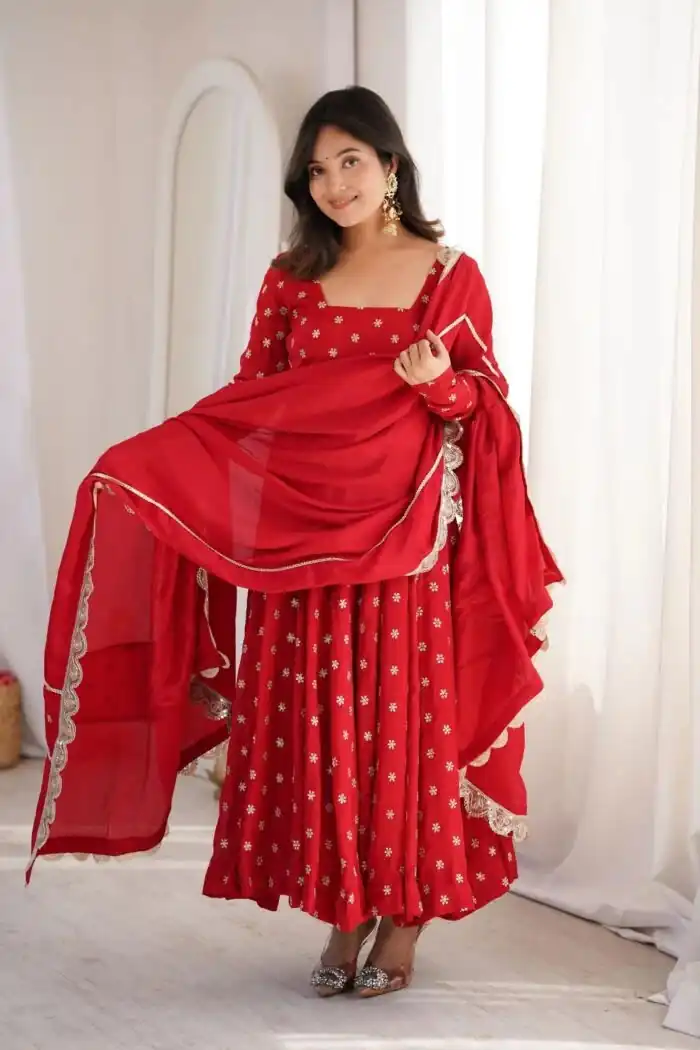 Super Red Chinon Silk Sequence Zari Work Salwar Suit - Image 3