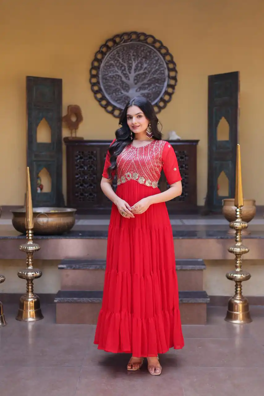 Super Red Faux Blooming Embroider Zari Gown - Image 2