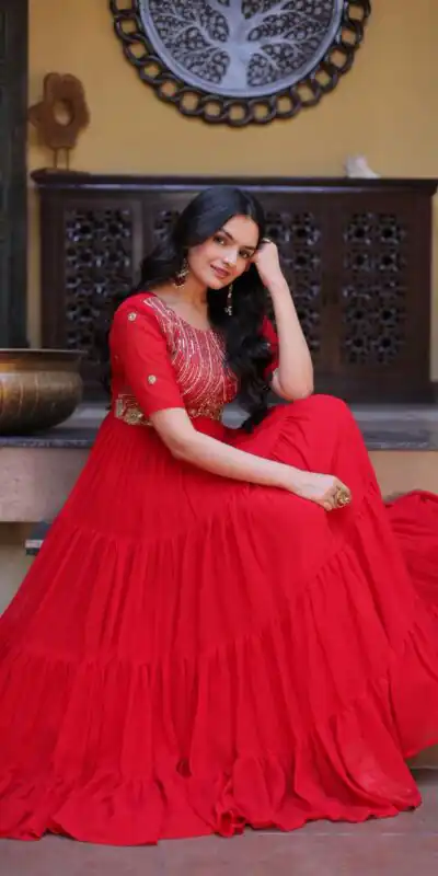 Super Red Faux Blooming Embroider Zari Gown