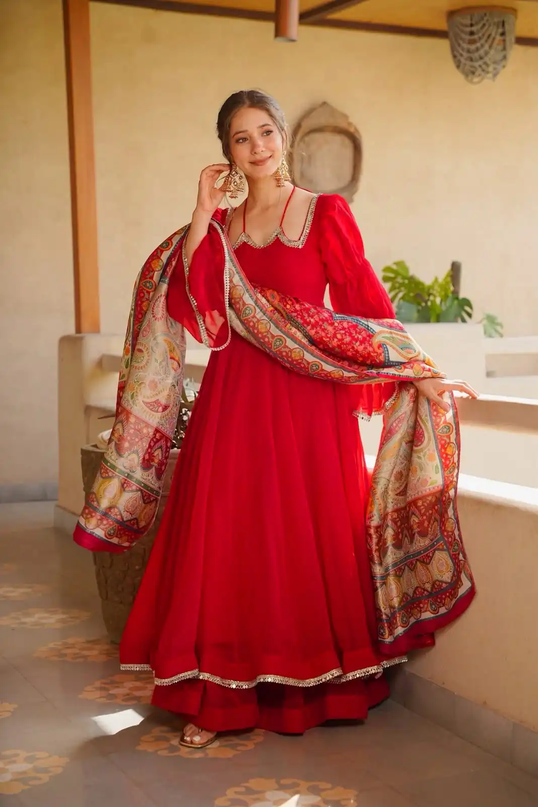 Super Red Tabby Silk Mirror Work Digital Print Anarkali Suit