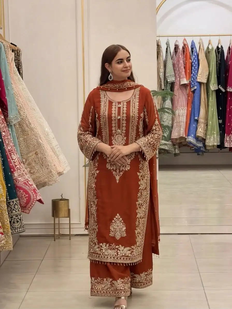 Super Rust Faux Georgette Embroidery Work Salwar Suit