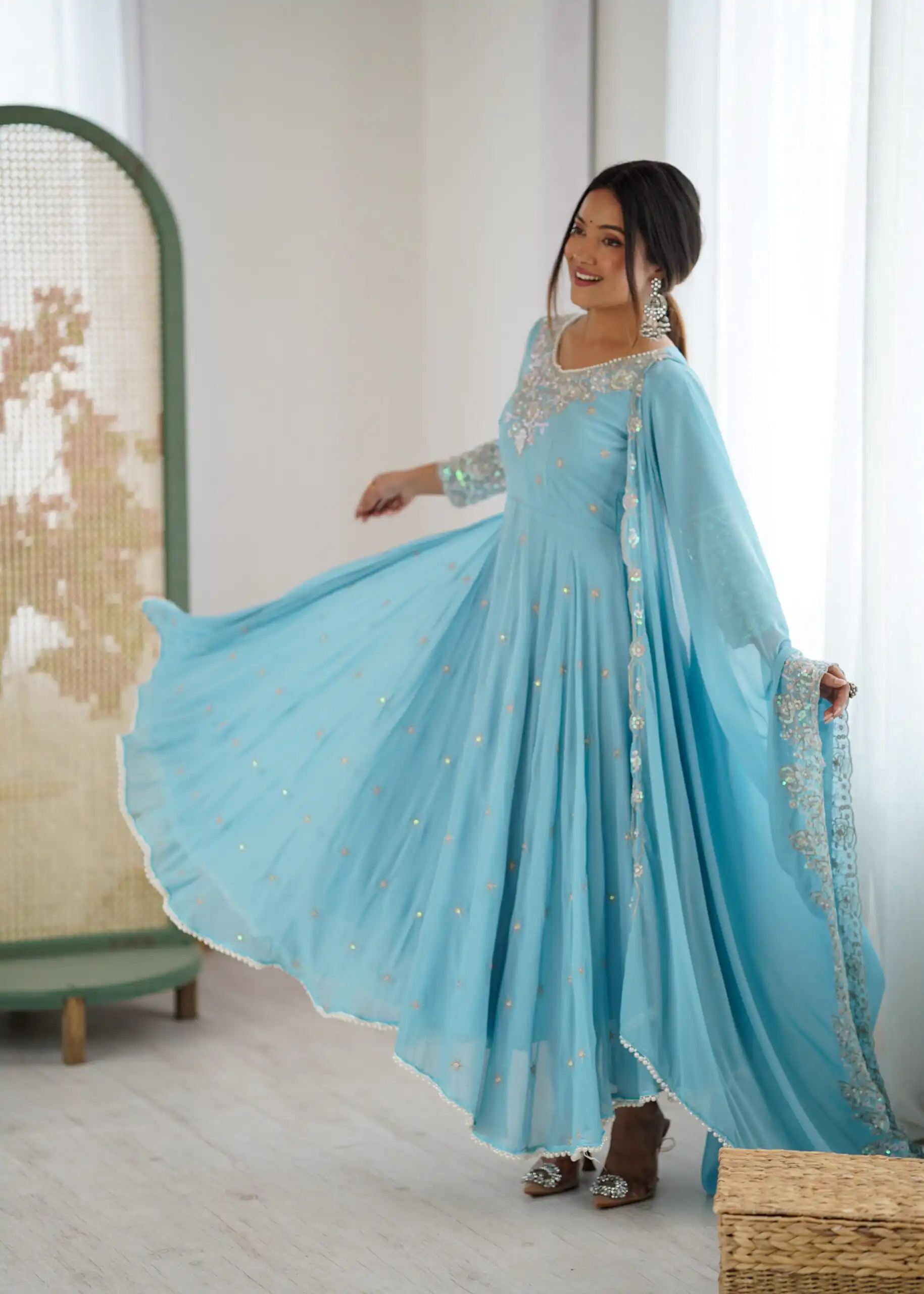 Super Sky Blue Blooming Faux Embroidery Work Gown - Image 4