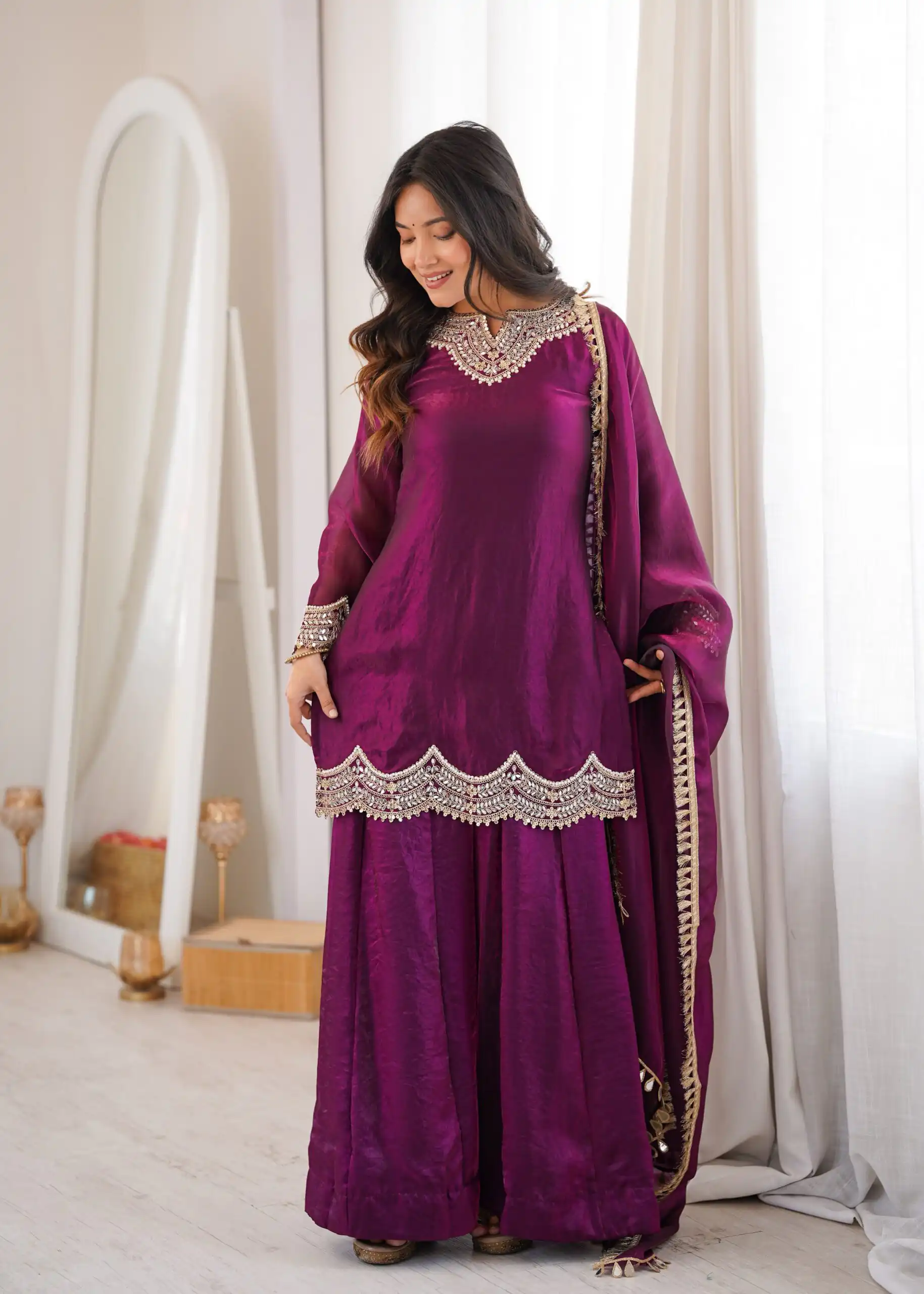 Super Wine Fendy Silk Embroidery Mirror Work⁠ Salwar Suit - Image 12