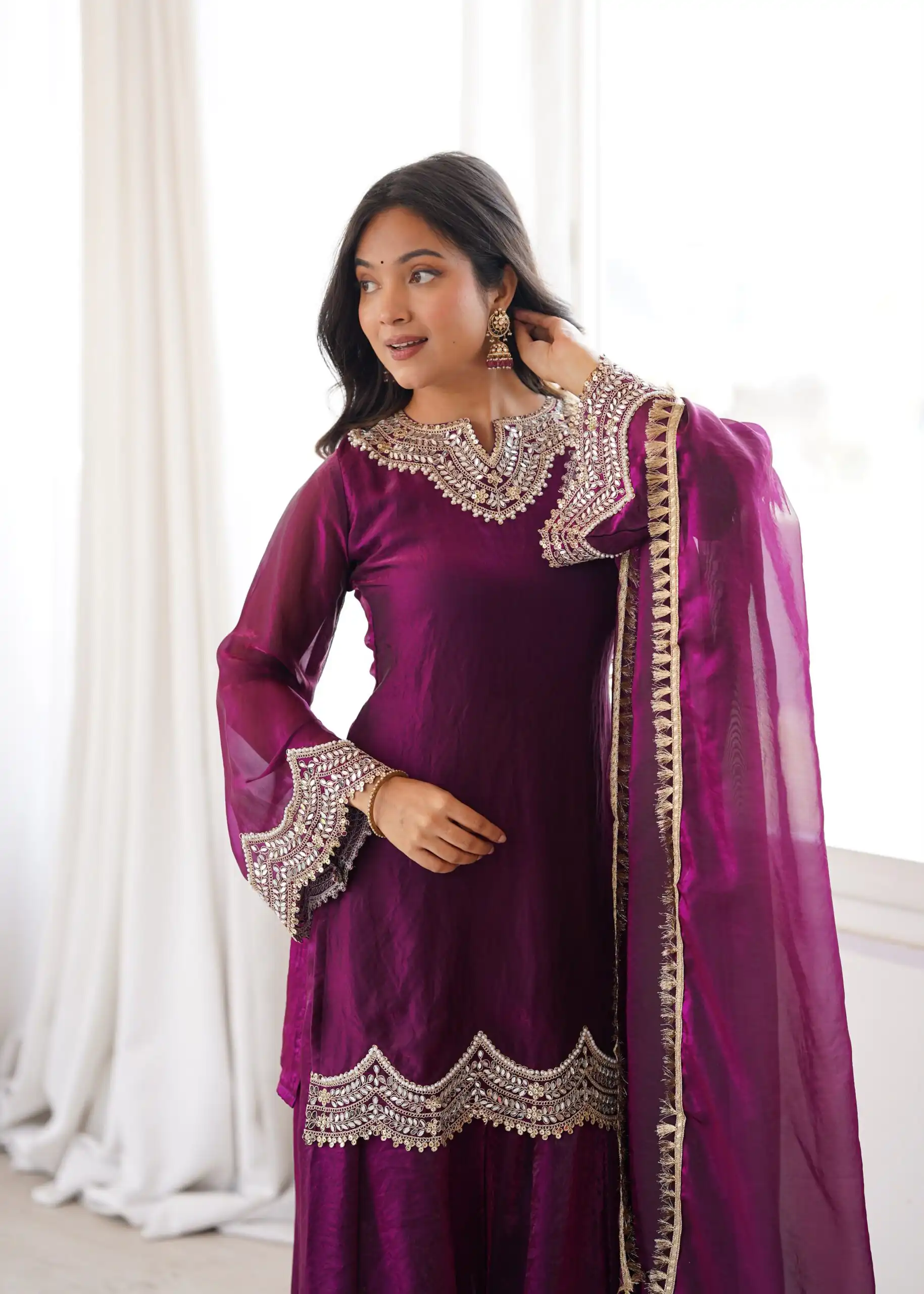 Super Wine Fendy Silk Embroidery Mirror Work⁠ Salwar Suit - Image 9