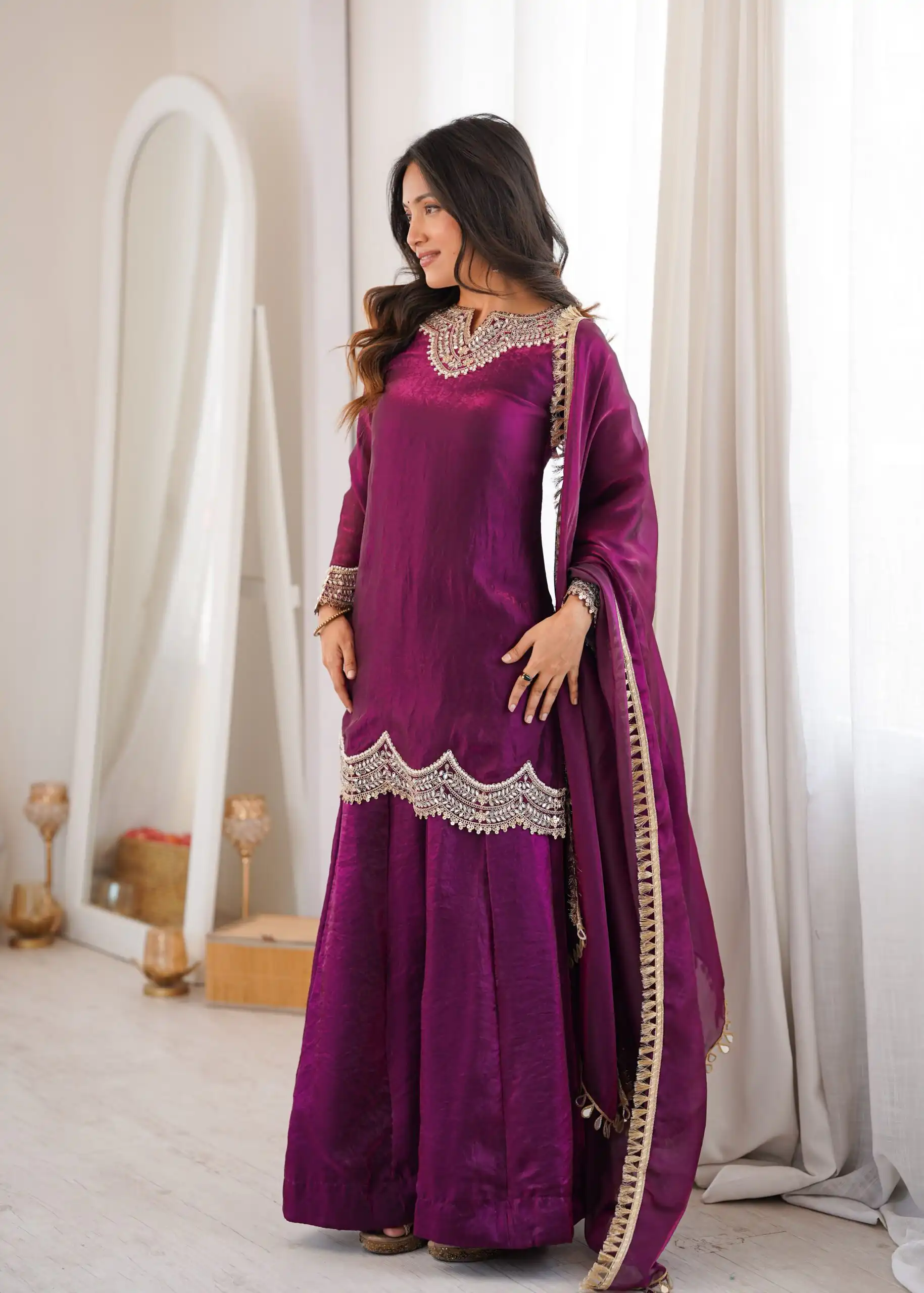 Super Wine Fendy Silk Embroidery Mirror Work⁠ Salwar Suit - Image 5