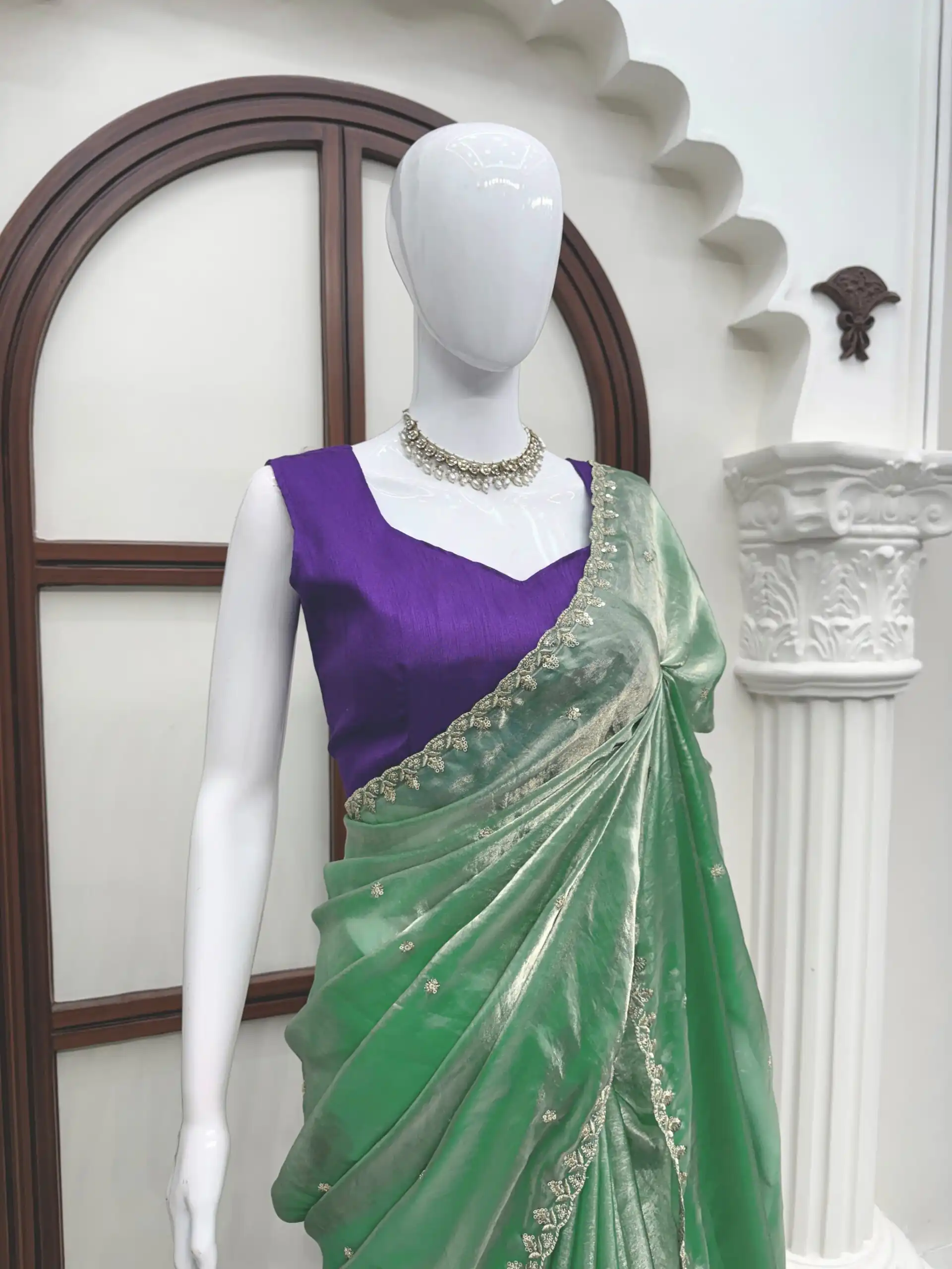 Superb Sea Green Fendy Silk Sequins Work Saree - Image 3