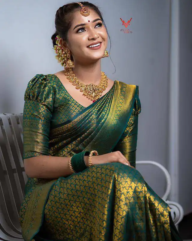KPR 153 Green Color Soft Lichi Silk Saree with Jacquard Work. Best Price ₹1349. Delivery 4-6 Working Days. Online Shop now. | Designer Sarees, Modern Digital sarees, Sarees, Bollywood Sarees, Creative Sarees, Embroidered Sarees, Ethnic Saree, Party Wear Sarees