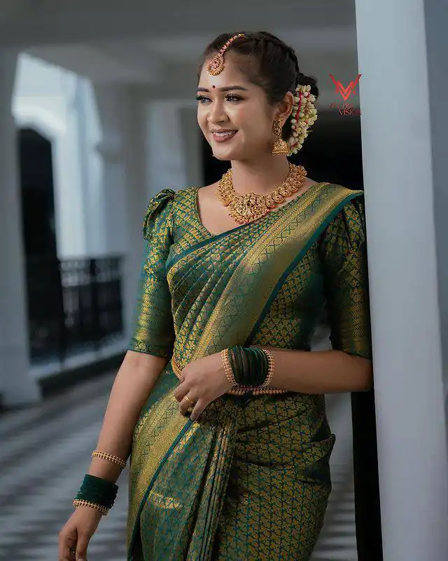KPR 153 Green Color Soft Lichi Silk Saree with Jacquard Work. Best Price ₹1349. Delivery 4-6 Working Days. Online Shop now. | Designer Sarees, Modern Digital sarees, Sarees, Bollywood Sarees, Creative Sarees, Embroidered Sarees, Ethnic Saree, Party Wear Sarees
