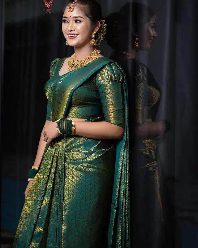 KPR 153 Green Color Soft Lichi Silk Saree with Jacquard Work. Best Price ₹1349. Delivery 4-6 Working Days. Online Shop now. | Designer Sarees, Modern Digital sarees, Sarees, Bollywood Sarees, Creative Sarees, Embroidered Sarees, Ethnic Saree, Party Wear Sarees