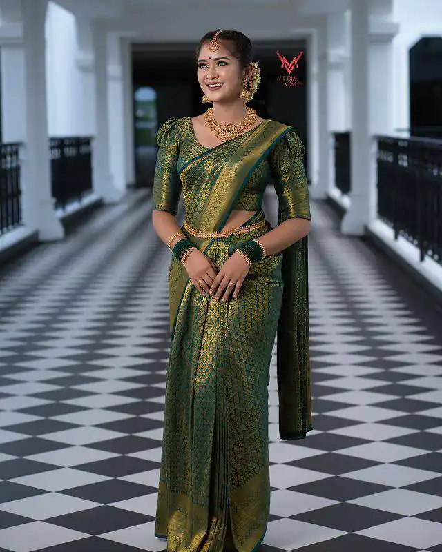 KPR 153 Green Color Soft Lichi Silk Saree with Jacquard Work. Best Price ₹1349. Delivery 4-6 Working Days. Online Shop now. | Designer Sarees, Modern Digital sarees, Sarees, Bollywood Sarees, Creative Sarees, Embroidered Sarees, Ethnic Saree, Party Wear Sarees