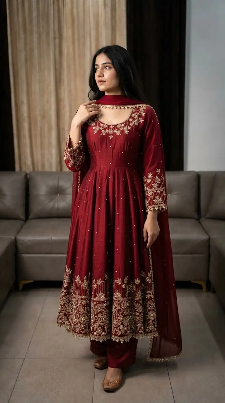 SR 1719 Maroon Faux Georgette Gown Perfect for Wedding, Party, Raksha Bandhan, Temple Visit, Onam – . Get it for ₹2149. Delivery 4-6 Working Days. Shop now | Gowns, Bollywood Gowns, Creative Gowns, Designer Gowns, Embroidered Gowns, Party Wear Gowns