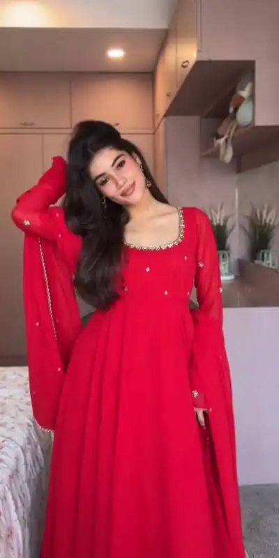 ZB 5074 Red Faux Georgette Gown Perfect for Wedding, Party, Raksha Bandhan, Temple Visit, Onam – . Get it for ₹1899. Delivery 4-6 Working Days. Shop now | Gowns, Bollywood Gowns, Creative Gowns, Designer Gowns, Embroidered Gowns, Party Wear Gowns