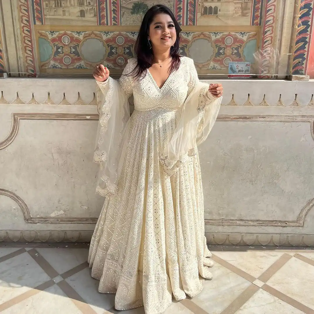ZB 5029 White Fox Georgette Gown Perfect for Wedding, Party, Makar Sankranti, Festival Celebrations, Engagement –. Grab it for ₹2549. Delivery 4-6 Worki | Gowns, Bollywood Gowns, Creative Gowns, Designer Gowns, Embroidered Gowns, Party Wear Gowns