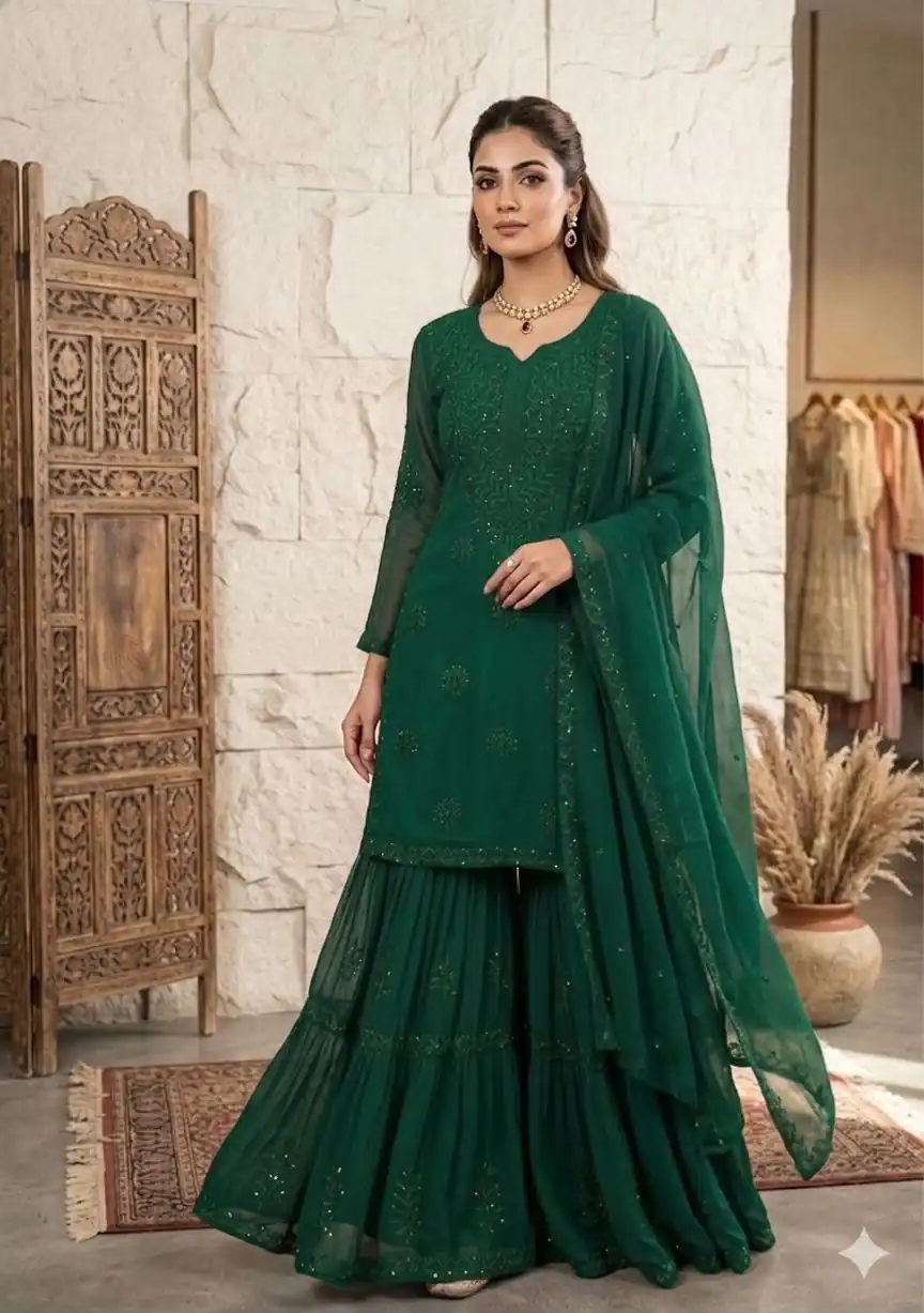 BE 456 Green Georgette Gown Perfect for Wedding, Party, Makar Sankranti, Karwa Chauth, Ethnic Day – . Now at just ₹2049. Delivery 4-6 Working D | Jump Suits, Salwar suit, Casual Suits, Creative suits, Designer Suits, Palazzo Suits, Party Wear Suits, Patiala Suits, Straight Suits