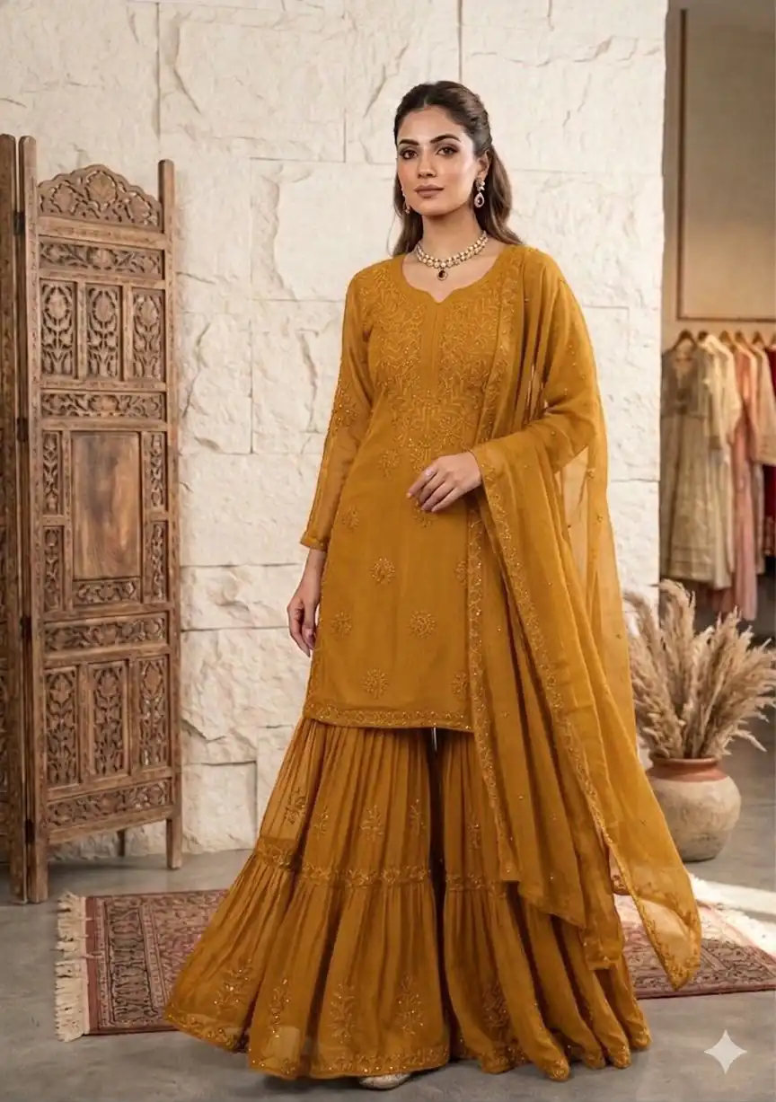 BE 456 Mustered Georgette Gown Perfect for Wedding, Party, Makar Sankranti, Karwa Chauth, Ethnic Day – . Now at just ₹2049. Delivery 4-6 Working D | Jump Suits, Salwar suit, Casual Suits, Creative suits, Designer Suits, Palazzo Suits, Party Wear Suits, Patiala Suits, Straight Suits