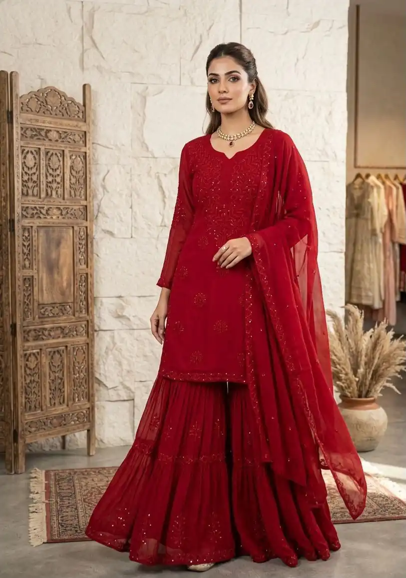 BE 456 Red Georgette Gown Perfect for Wedding, Party, Makar Sankranti, Karwa Chauth, Ethnic Day – . Now at just ₹2049. Delivery 4-6 Working D | Jump Suits, Salwar suit, Casual Suits, Creative suits, Designer Suits, Palazzo Suits, Party Wear Suits, Patiala Suits, Straight Suits