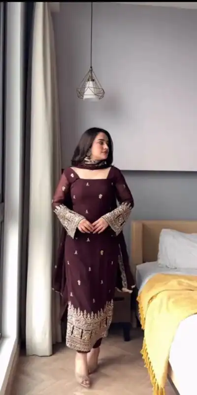 KD 1548 | Brown Faux Georgette Salwar Suit with Lace Work & Lace Border. Festive Deal ₹2049. Delivery 4-6 Working Days. Shop now. | Jump Suits, Salwar suit, Casual Suits, Creative suits, Designer Suits, Palazzo Suits, Party Wear Suits, Patiala Suits, Straight Suits