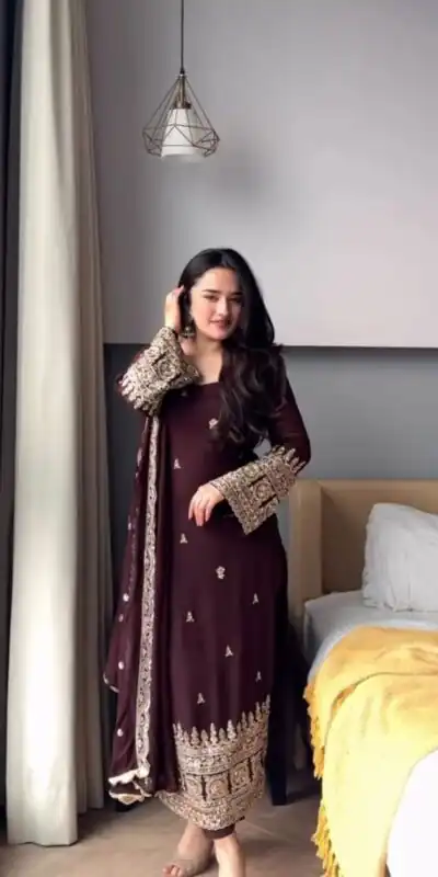 KD 1548 | Brown Faux Georgette Salwar Suit with Lace Work & Lace Border. Festive Deal ₹2049. Delivery 4-6 Working Days. Shop now. | Jump Suits, Salwar suit, Casual Suits, Creative suits, Designer Suits, Palazzo Suits, Party Wear Suits, Patiala Suits, Straight Suits