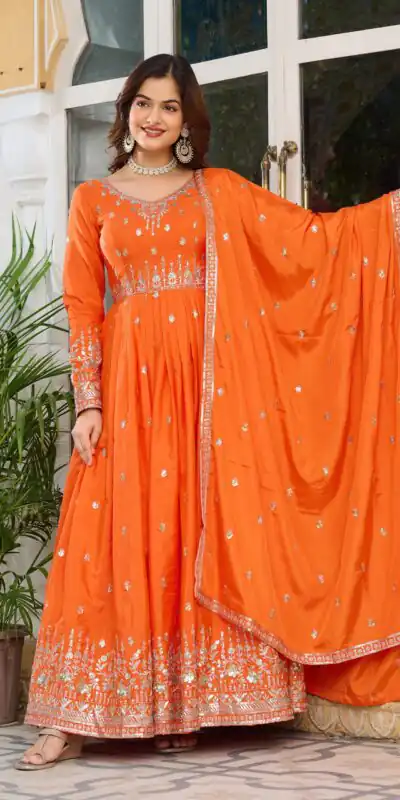 SP 12 Orange in American Silk Sequins Work & Thread Embroidery Gown . Introductory Price ₹2399. Delivery 4-6 Working Days. Shop now. | Gowns, Bollywood Gowns, Creative Gowns, Designer Gowns, Embroidered Gowns, Party Wear Gowns